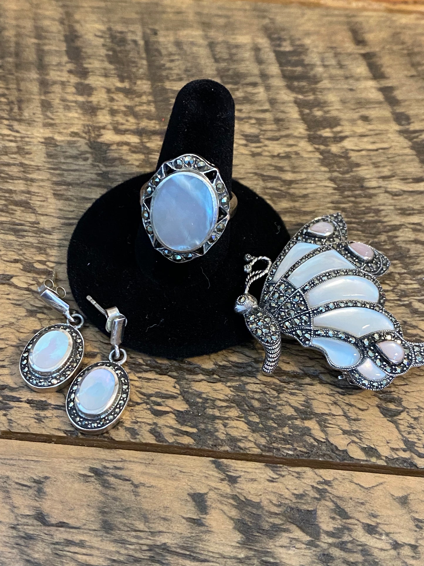 Vintage 925 Marcasite and Mother of Pearl Butterfly Brooch