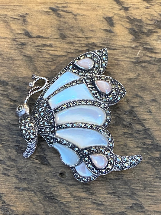 Vintage 925 Marcasite and Mother of Pearl Butterfly Brooch