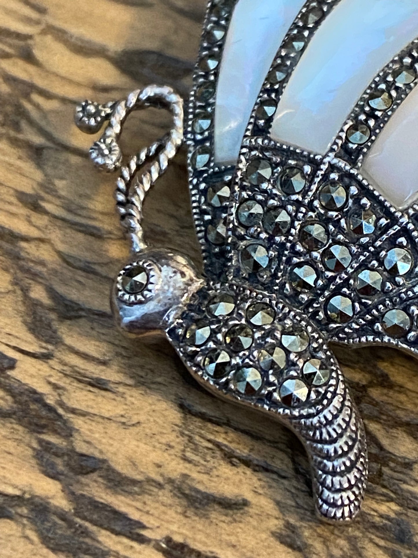 Vintage 925 Marcasite and Mother of Pearl Butterfly Brooch