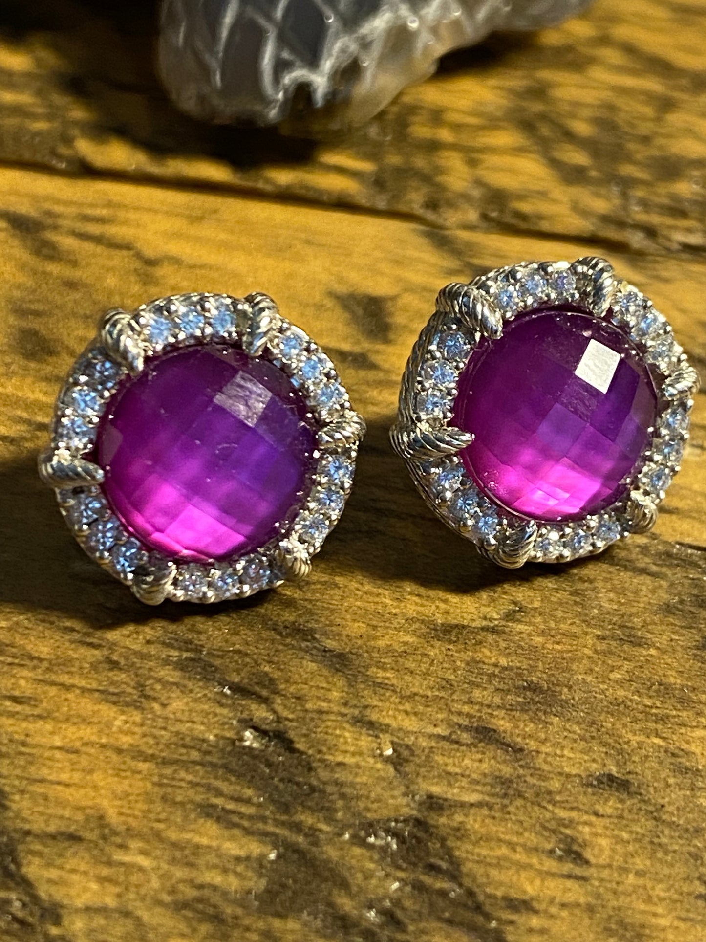 Judith Ripka 925 and Fuchsia MOP/CZ Post Earrings