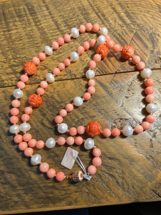 Kwan Collections Pearls/Carved Coral Necklace NWT