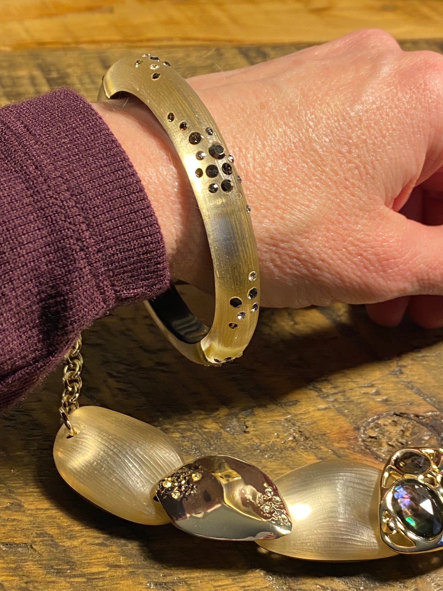 Alexis Bittar (?) Hinged Gold Cuff w Swarovski Crystals