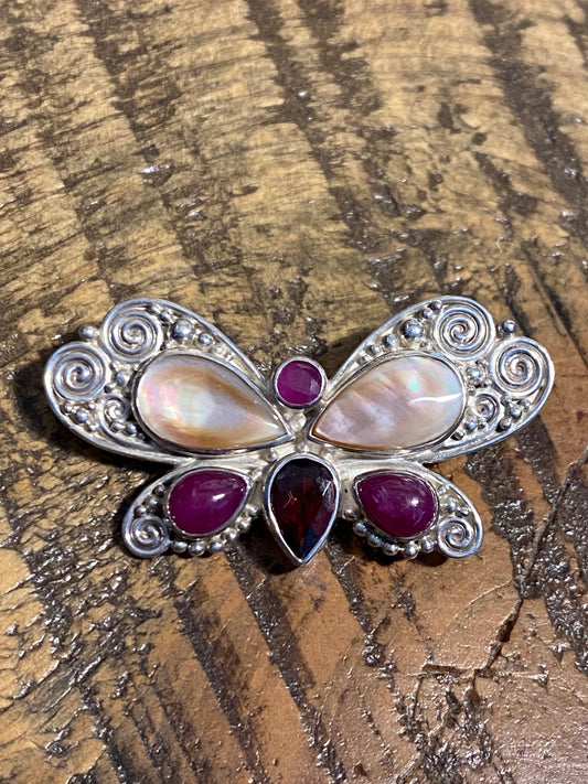 SAJEN Butterfly Brooch w Garnet, Rubies, and MOP
