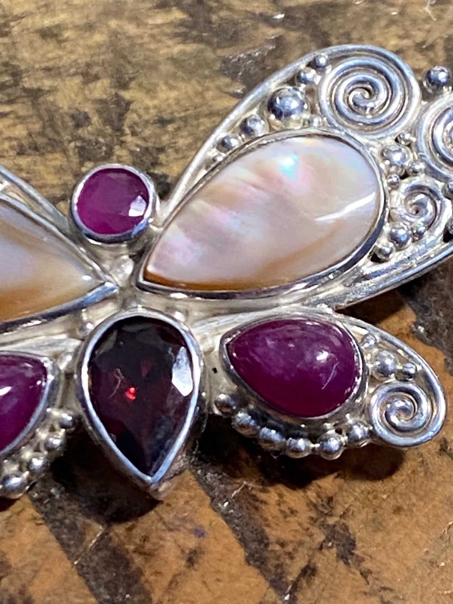 SAJEN Butterfly Brooch w Garnet, Rubies, and MOP