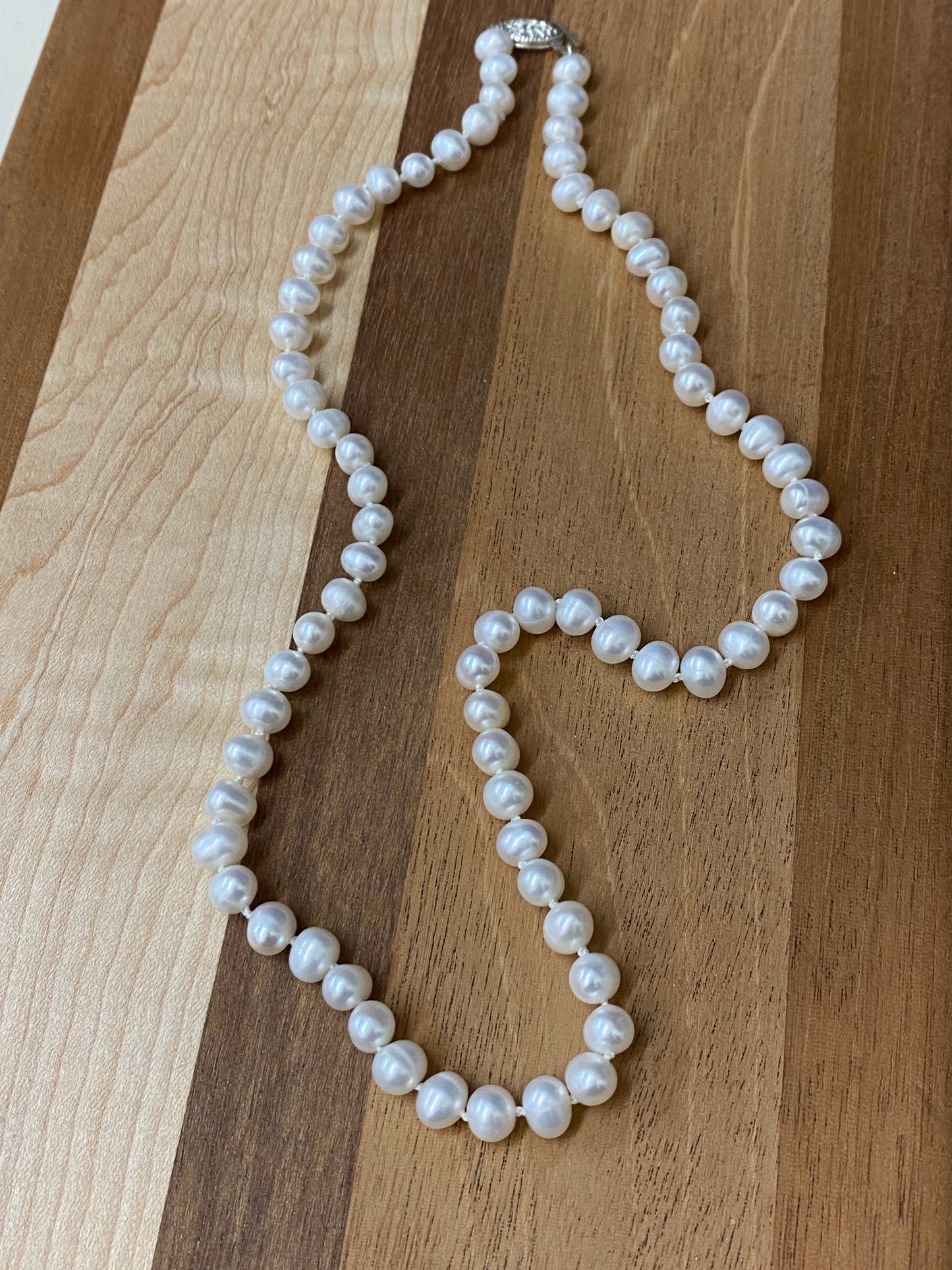 Bright White Pearls and 925 Clasp, 19"