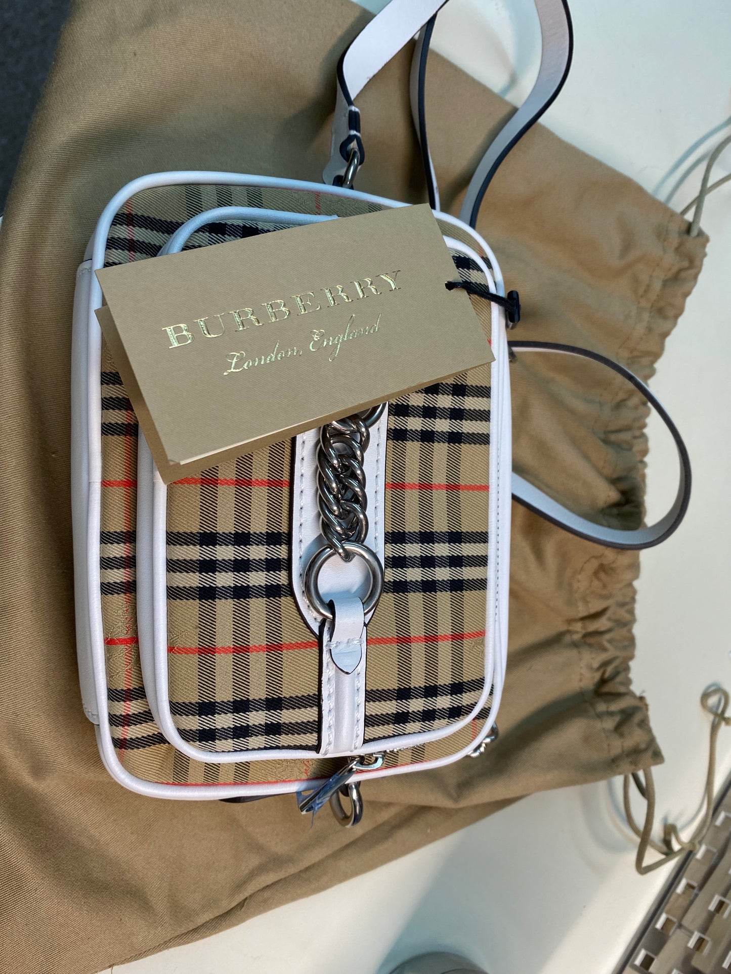 Burberry Knight Check Smooth Leather Link Camera Bag NWT