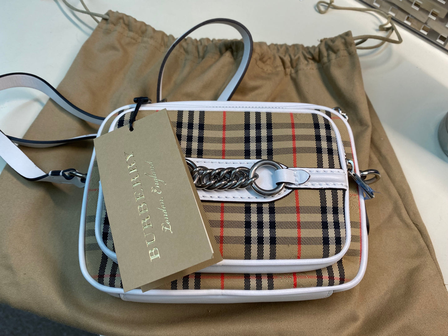 Burberry Knight Check Smooth Leather Link Camera Bag NWT (AUTH; $990 New)